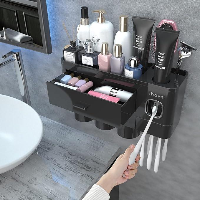 iHave Toothbrush Holders for Bathrooms, 3 Cups Toothbrush Holder Wall Mounted with Toothpaste Dispenser - Large Capacity Tray, Cosmetic Drawer - Bathroom Organizer & Bathroom Organization and Storage - ModernBath