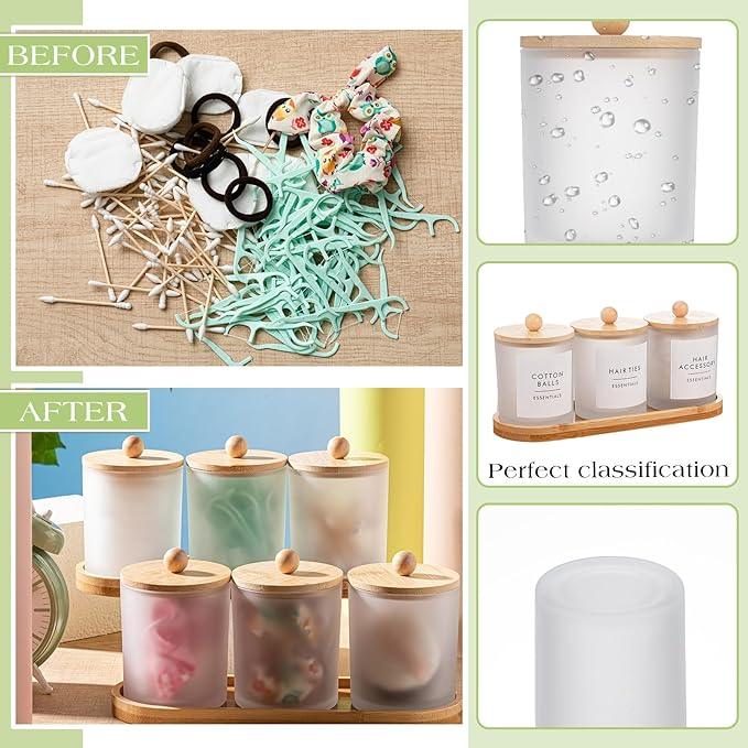 Chengu 6 Pack Cotton Swab Holder with Bamboo Lids and Trays and Labels Glass Round Swab Dispenser Cotton Ball Holder Glass Apothecary Jars Floss Pick Containers Bathroom Organizers (White) - ModernBath
