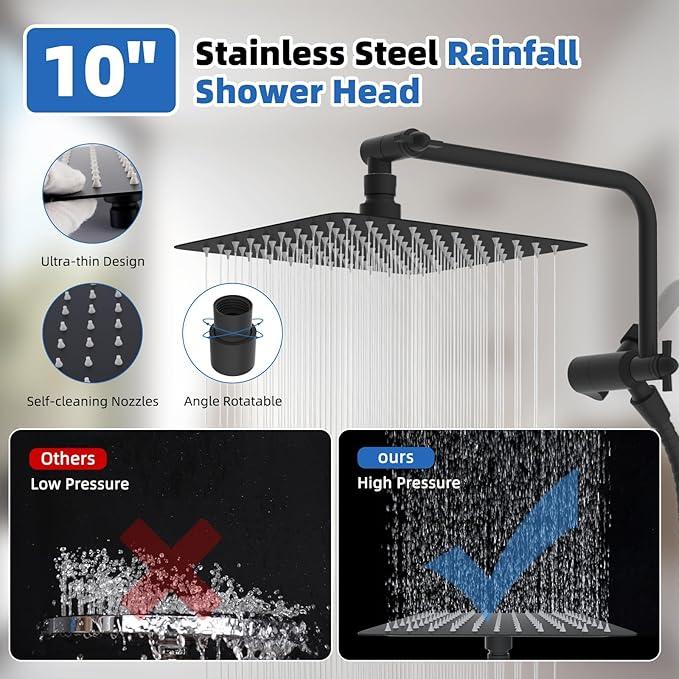 All Metal Black Shower Head, 10" High Pressure Rainfall/Handheld Shower Combo with 11" Extension Arm, 10-Spray Handheld Showerhead, 71" Long Hose, 3-Way Diverter Valve, Matte Black - ModernBath
