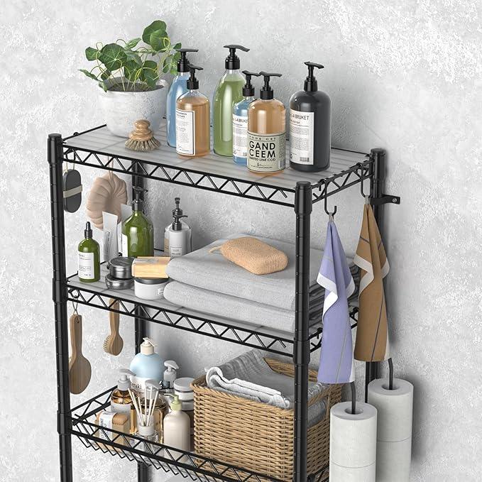 Hodonas Over The Toilet Storage Shelf, Adjustable Bathroom Organizer with Toilet Paper Holder & 8 Hooks, 3 Tier Sturdy Metal Space Saver for Bathroom/Kitchen, Easy Assembly Above Toilet Shelf, Black - ModernBath