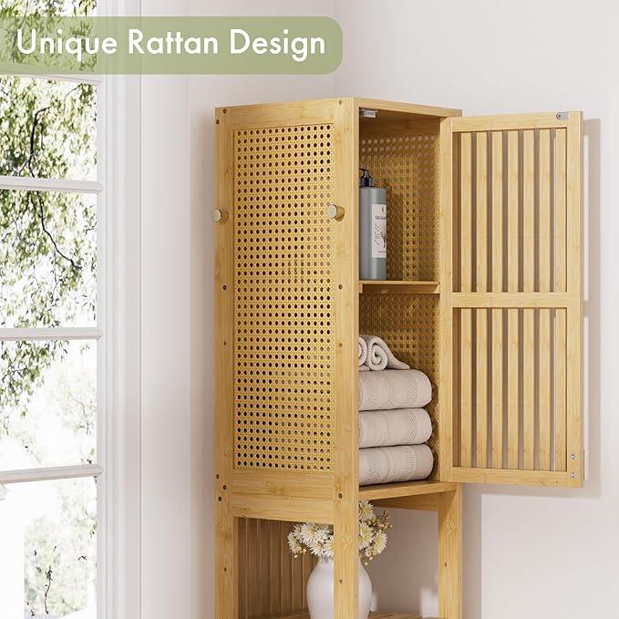 Amazer 70'' Tall Bathroom Storage Cabinet Bamboo, Narrow Storage Cabinet with Rattan Doors and Adjustable Shelves, Slim Freestanding Organizer for Living Room, Kitchen, Natural Color - ModernBath
