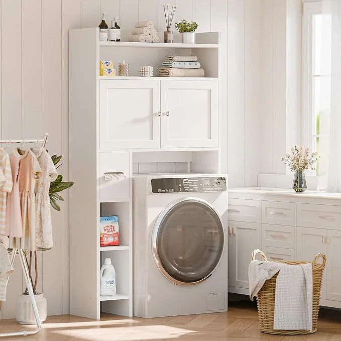 MU Over The Toilet Storage Cabinet with Doors, 32" Bathroom Storage Organizer with Side Shelves, Space-Saving Toilet Storage Rack for Bathroom, Laundry (White) - ModernBath