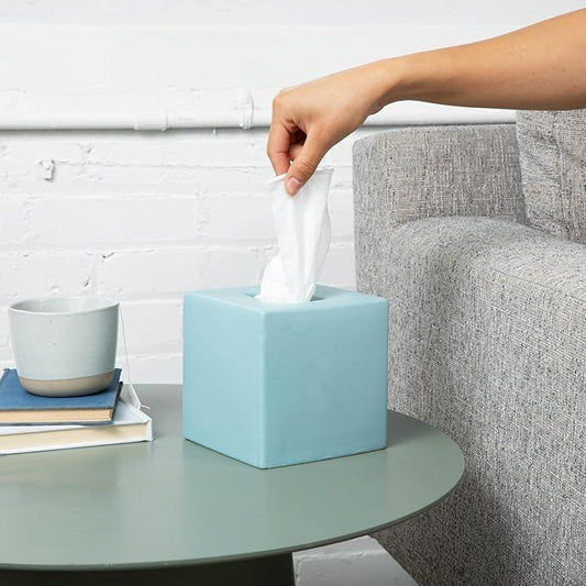 Simple Solid Ceramic Tissue Box Cover – Square Matte Finish Tissue Holder for Bathroom, Vanity, Nightstand, Office – Decorative & Discreet – Fits Standard Tissue Boxes (Cloud) - ModernBath