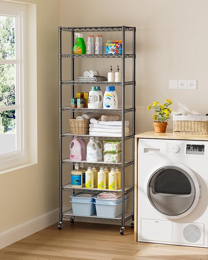8 Tier Shelves Storage Shelf Wire Closet Bathroom Organizers Metal Pantry Kitchen Garage Shelving Unit Laundry Room Organization Home Rack Net Basket Black with Wheels 12”D X 22”W X 74.2”H - ModernBath