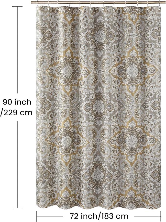 BESTRIPES 90 Inch Fabric Shower Curtain, Extra Long Beige and Grey Print Boho Paisley Damask Pattern Shower Curtains for Bathroom, 72" W x 90" H - ModernBath