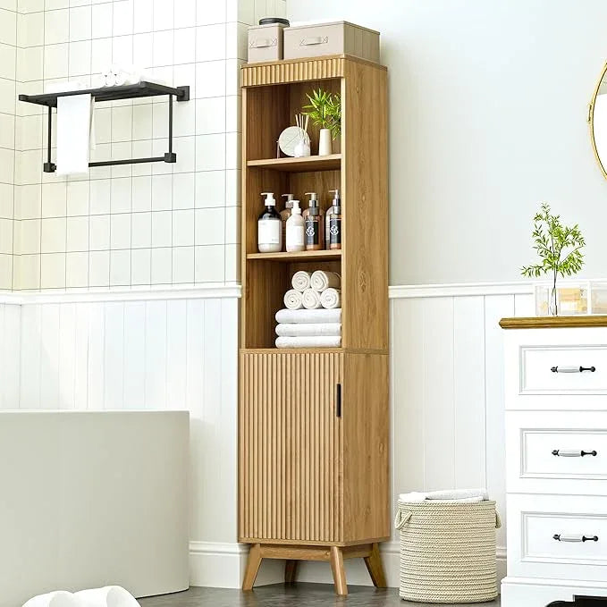 68" Tall Bathroom Storage Cabinet,Narrow Fluted Tower Cabinet with Door and Shelves,Slim Space Saving Storage Unit for Bathroom Kitchen Living Room (Natural, 11.8" D x 15.75" W x 68" H) - ModernBath