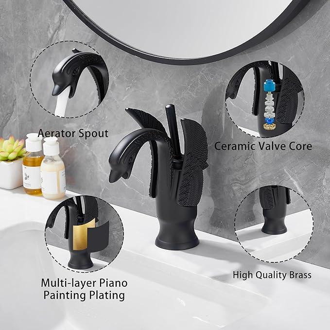GGStudy Bathroom Faucet Matte Black Swan Single Handle 1 Hole Bathroom Vanity Faucet Basin Tap Deck Mount Lavatory - ModernBath