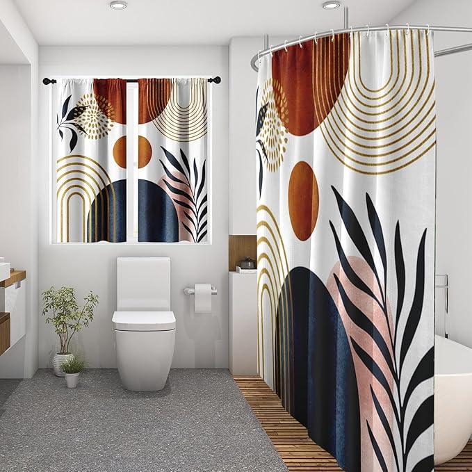 Culudea Boho Geometric Leaf Shower Curtain Set, Mid Century Sun Bohemian Bathroom Window Waffle Textured Cloth Waterproof Shower Curtains for Bathroom Decor - ModernBath