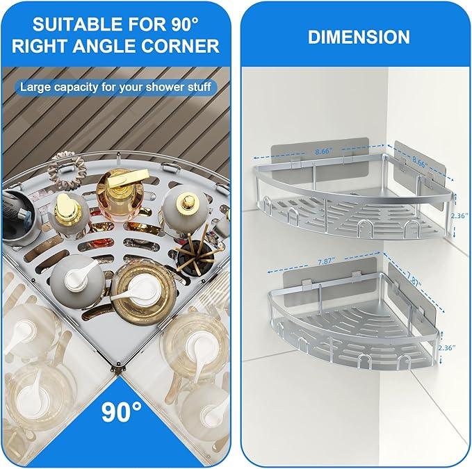 Corner Shower Caddy, 2 Pack Adhesive Bathroom Shower Corner Organizer Shelf, No Drilling Rustproof Wall Mounted Shower Storage Rack Shampoo Holder Organizer (Silver) - ModernBath