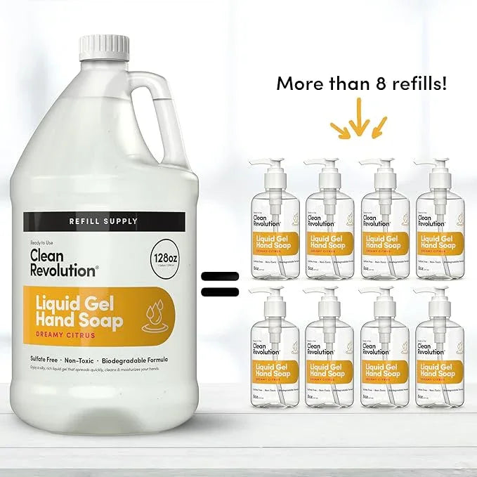 Clean Revolution Liquid Gel Hand Soap, Silky Rich Liquid, Quick Lather, Fast Rinsing, Contains Real Essential Oils (Dreamy Citrus) 128 Fl Oz - ModernBath