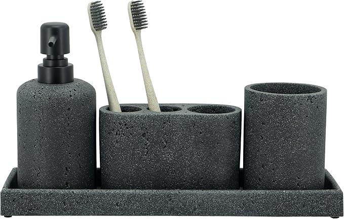 ZCCZ - Black Bathroom Accessories Set 4 Pcs - Toothbrush Holder, Soap Dispenser, Vanity Tray, Bathroom Tumbler - Countertop Vanity Organizer - Bathroom Accessory Set- Toothbrush Holder Set, Stone Sets - ModernBath