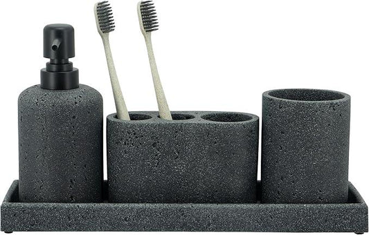 ZCCZ - Black Bathroom Accessories Set 4 Pcs - Toothbrush Holder, Soap Dispenser, Vanity Tray, Bathroom Tumbler - Countertop Vanity Organizer - Bathroom Accessory Set- Toothbrush Holder Set, Stone Sets - ModernBath