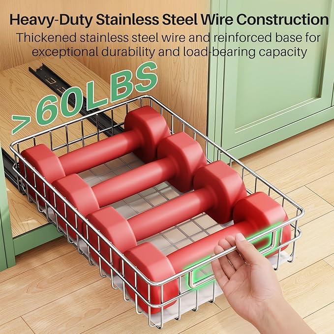 Stainless Steel Pull Out Cabinet Organizer(11.8"W x 16.5"D x 4.7"H)-1 Pack, Minimalist Design Frame, Full-Extension Slide Rails, Easy Installation for Pantry Organizers or Kitchen Cabinet Organizer - ModernBath