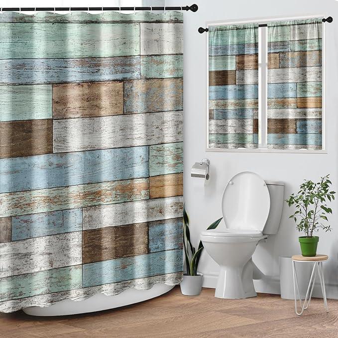 Culudea Wood Rustic Vintage Blue Brown Waffle Textured Cloth Shower Curtain Set, Farmhouse Retro Bathroom Window Waterproof Shower Curtains for Bathroom Decor - ModernBath