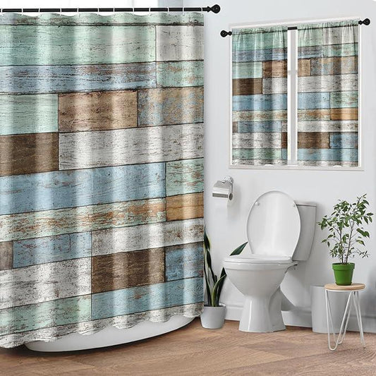 Culudea Wood Rustic Vintage Blue Brown Waffle Textured Cloth Shower Curtain Set, Farmhouse Retro Bathroom Window Waterproof Shower Curtains for Bathroom Decor - ModernBath