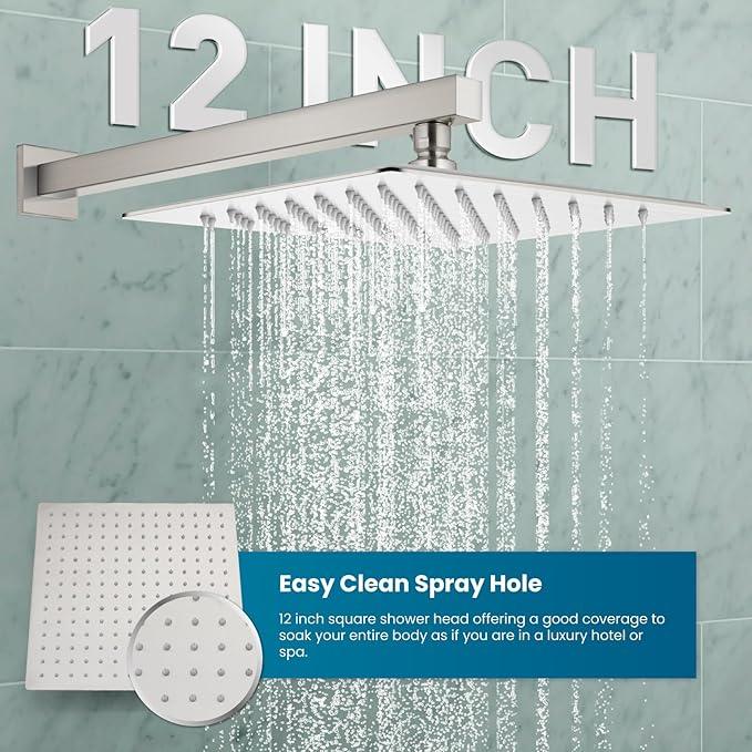 gotonovo Rainfall Bathroom Shower System Rain Shower Head and Handle Set Wall Mounted Shower Complete Combo Solid Brass Pressure Balancing Shower Mixer Valve 12 Inch Brushed Nickel - ModernBath