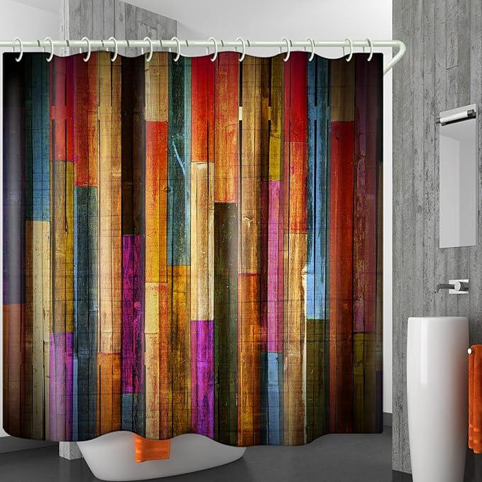 LYFANS Shower Curtains Waterproof Polyester Fabric,Large Width Bright Partition Curtain with Color Striped Planks Print,Shower Curtain Liner for Bathtub Bathroom with 12 White Hooks (72 x72 inches) - ModernBath