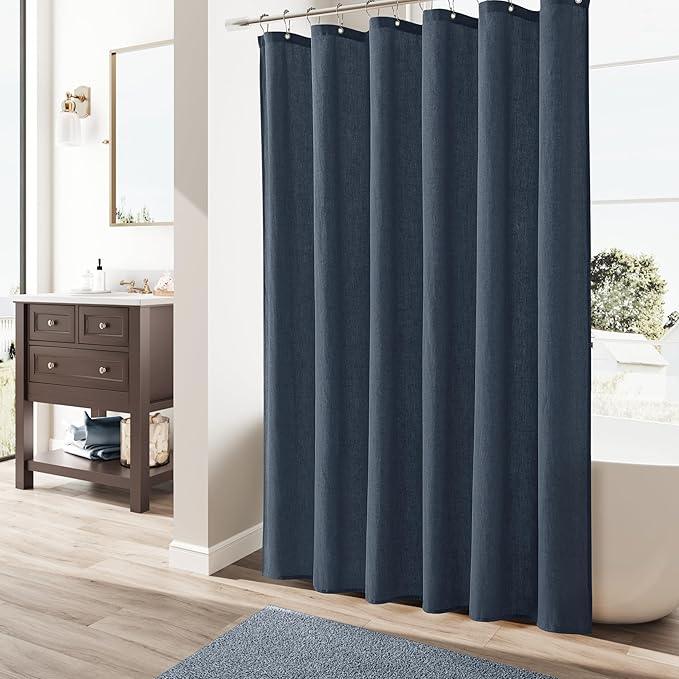 Naturoom Denim Blue Linen Shower Curtain, Country Boho Farmhouse Bath Decor Shower Curtains Neutral Cloth Weighted Textured Fabric Bath Curtain Liner with Hooks, 72x80 - ModernBath