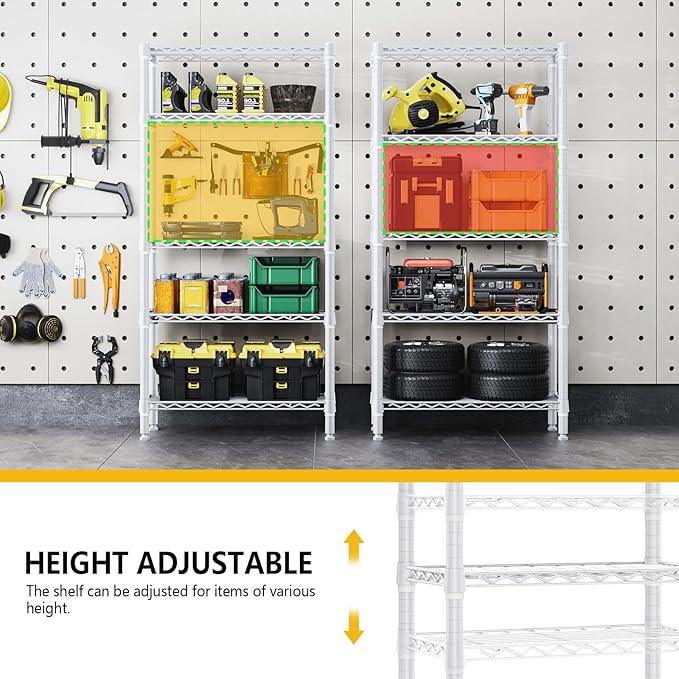 1250 lbs 5 Tier Shelf Metal Storage Shelves Wire Rack Closet Organizers for Garage Kitchen Bathroom Laundry White 11.8" D x 29.5" W x 59.5" H - ModernBath