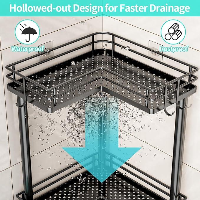 HapiRm Corner Shower Caddy Standing - 3 Tier Shower Organizer Corner with Soap Holder, Rustproof Bathroom Standing Organizer with 4 Hooks, Black - ModernBath