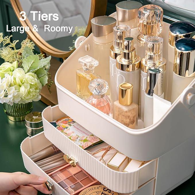 Preppy Skincare Organizers Makeup Organizer Holder Cosmetic Storage Box Display Case 3 Tiers Dust Free Cover Portable Handle 2 Rroomy Drawers Gift Great For Bathroom Countertop Dresser Ivory White - ModernBath