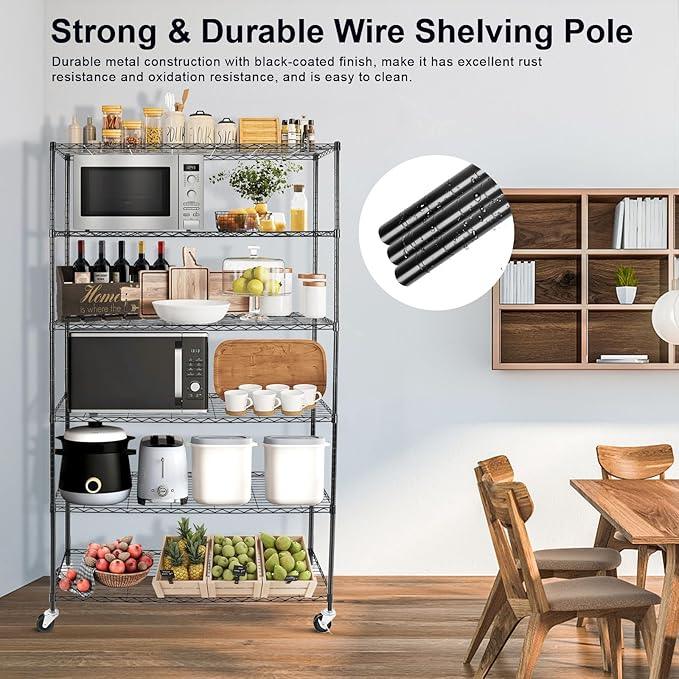 YNN Storage Shelves,2100Lbs 6 Tier Heavy Duty Metal Rolling Shelving Unit with Wheels & 8 Hooks, Adjustable Garage Wire Rack for Kitchen, Bathroom,Industrial,Pantry(36" W x 14" D x 72" H,Black) - ModernBath