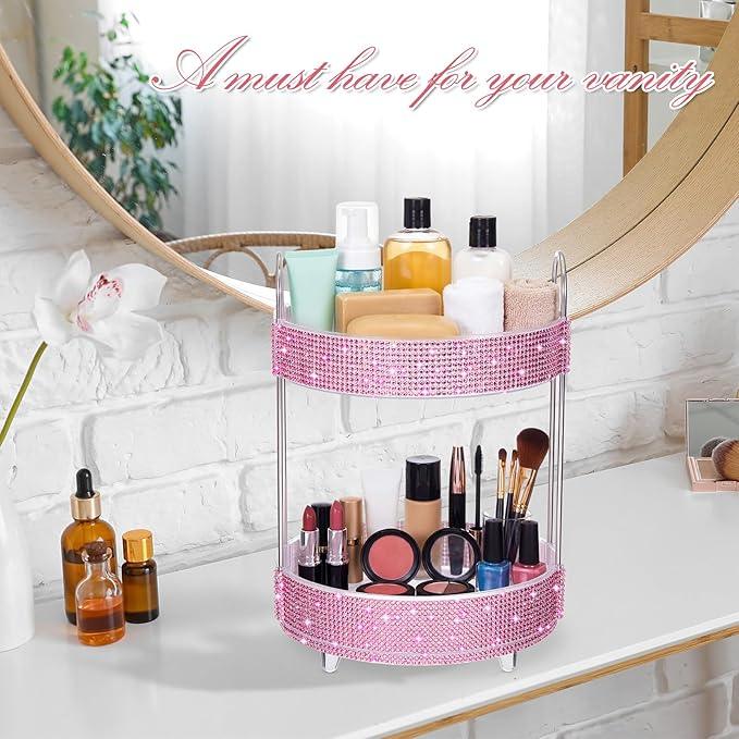 Honeydak 360 Rotating Perfume Organizer Rhinestone Bathroom Counter Organizer Makeup Holder with 2 Tiers Skincare and Perfume Storage, Vanity Storage for Cosmetic Countertop Decor (Pink) - ModernBath