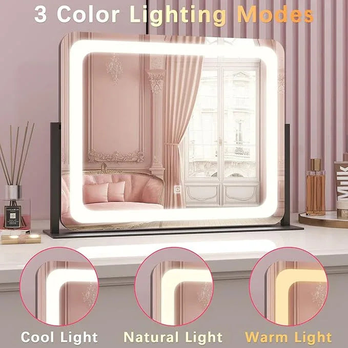 ROLOVE 22x17 Inch Lighted Vanity Mirror with Dimmable LED Lights - 3 Color Modes, Smart Touch Control & 360° Rotating Base - Desk Makeup Mirror (Black) - ModernBath