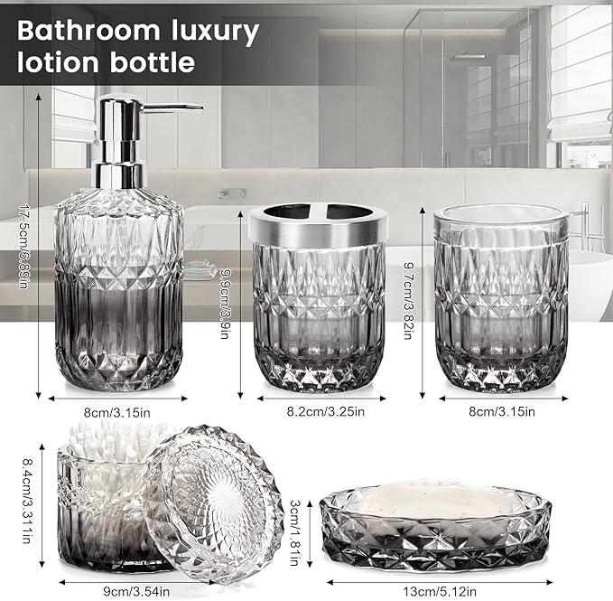 5-Piece Bathroom Accessory Set, Diamond Glass Bathroom Soap Lotion Dispenser, Toothbrush Holder, Tray, Jar, Tumbler, Luxury Vanity Organizer, Elegant Home Decor - ModernBath