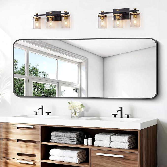 BONEWEI 24x60 inch Bathroom Mirror,Black Rectangle Mirror,Wall Mounted Bathroom Frame Vanity Mirror with Round Corner for Bedroom Living Room,Entryway Hangs Horizontal or Vertical - ModernBath