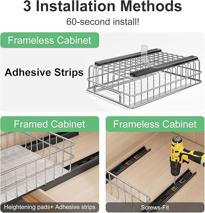 Pull out Cabinet Organizer, Stainless Steel 2-Pack Slide out Drawer with Silent Full-Extension Slides, Adhesive Roll out Can Spice Storage Basket Shelf Rack for Pantry, Kitchen, Bathroom, Home Closet - ModernBath