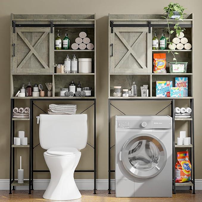 Vabches Over The Toilet Storage Cabinet, Farmhouse Storage Cabinet Over Toilet with Sliding Door & Toilet Paper Holder Stand, Home Space-Saving Toilet Rack for Bathroom, Restroom - ModernBath