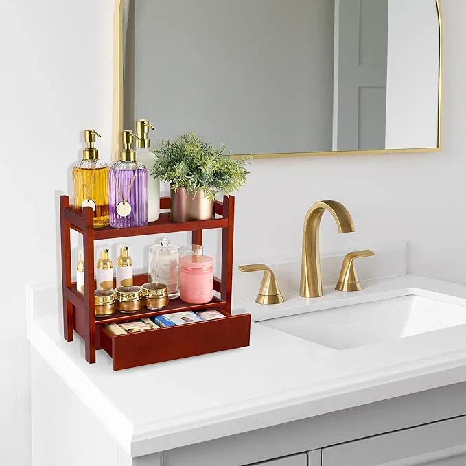 Sorbus Bamboo Bathroom Counter Organizer – 2-Tier Shelf with Hidden Drawer for Vanity, Matcha Station, Bathroom Sink Organizer Countertop, Kitchen & Office Storage (13″ L x 6.5″ W x 12.6″ H) (Brown) - ModernBath