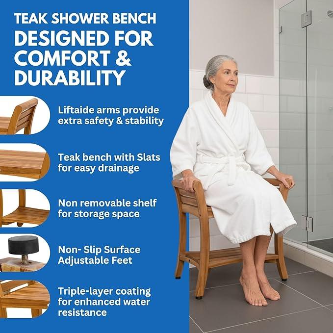 EcoDecors Symmetry 24 Inch Natural Color Waterproof Teak Wood Shower Bench Stool Seat Chair For Inside Shower Storage Shelf Provides Safety, Storage, and Organization For Bathroom Accessories - ModernBath