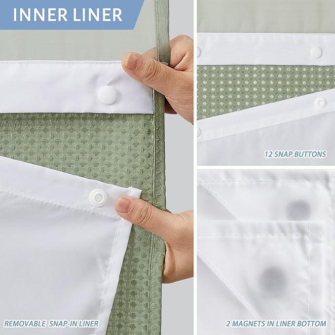 Furlinic Sage Green Small Stall No Hook Shower Curtain with Snap in Liner,Waffle Weave Heavy Duty Fabric Waterproof Bathroom Curtains,Washable Shower Curtain Set with See Through Window 36x72 Inch - ModernBath