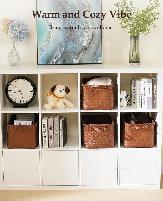 15x10x9 Woven Laundry Basket Hamper, Storage Basket for Clothes Blankets, 4-Pack Wicker Bin for Closet Shelves Bedroom Bathroom, Brown - ModernBath