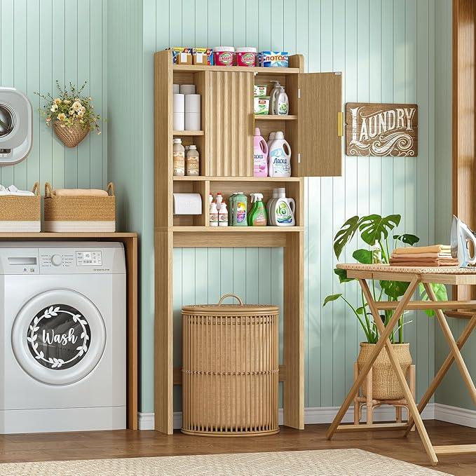 TEENFON Over The Toilet Storage Cabinet with 4 Open Shelves and 2 Fluted Doors, Extra Tall Bathroom Organizer Unit with Adjustable Shelf, Home Space Saver for Bathroom, Laundry Room, Natural - ModernBath