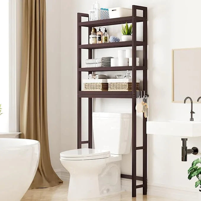 Smiry Over The Toilet Storage Cabinet, 4-Tier Bamboo Bathroom Organizers with Adjustable Shelf & 4 Hooks, Space Saving Shelf Rack for Bathrooms, Laundry Room, Balcony, Brown - ModernBath