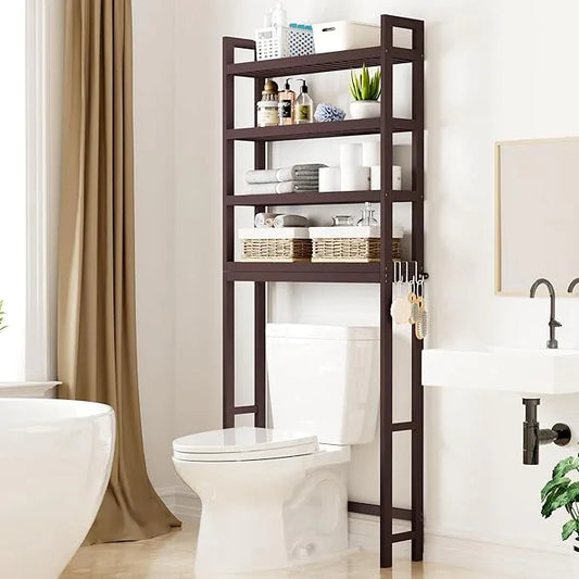 Smiry Over The Toilet Storage Cabinet, 4-Tier Bamboo Bathroom Organizers with Adjustable Shelf & 4 Hooks, Space Saving Shelf Rack for Bathrooms, Laundry Room, Balcony, Brown - ModernBath