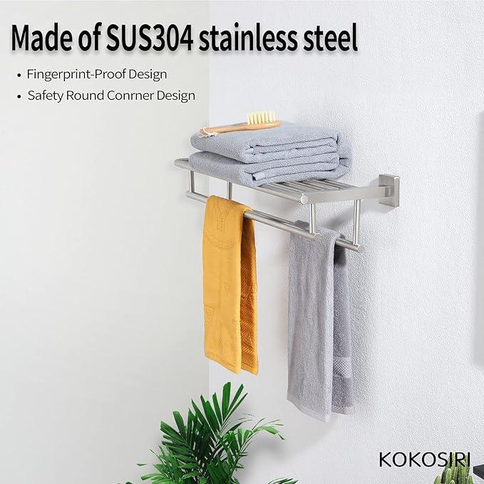 KOKOSIRI 24 Inch Towel Shelf with Double Towel Bars Bathroom Towel Rack Towel Holder Wall Mounted SUS 304 Stainless Steel, Brushed Nickel, B6005BR-L24 - ModernBath