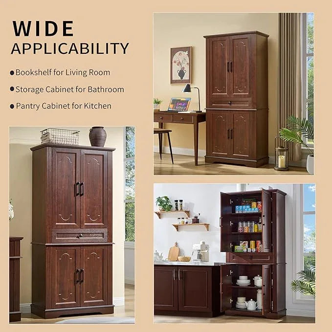 71" Tall Pantry Cabinet with Drawer and Adjustable Shelves, Modern Storage Cabinet with Doors, Kitchen Buffet Cabinet, Food Pantry Storage Cabinet, Coffee Bar, Living Room and Dining Room Cherry - ModernBath
