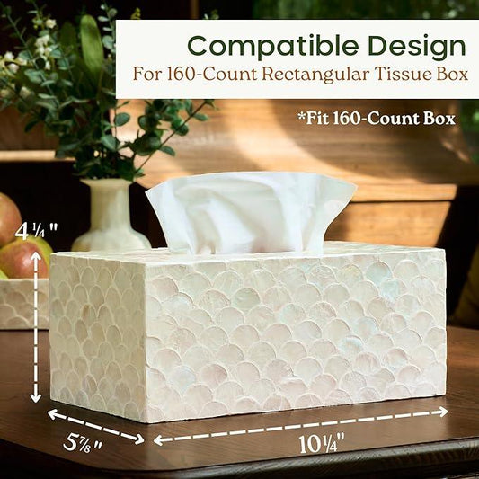 CHI AN HOME Rectangular Capiz Tissue Box Cover, Decorative Mother of Pearl Inlay Tissue Box Holder for Bedroom, Bathroom, Kitchen, and Office, Rectangle Tissue Box Cover White (10.25” x 5.9” x 4.33”) - ModernBath