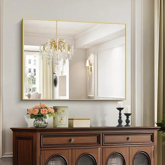 COFENY 30x40In Gold Bathroom Mirror for Wall, Brushed Gold Rectangle Mirrors with Metal Frame, Bathroom Rectangular Mirror Modern Wall Mirror for Bedroom Living Room, Hangs Horizontal or Vertical - ModernBath