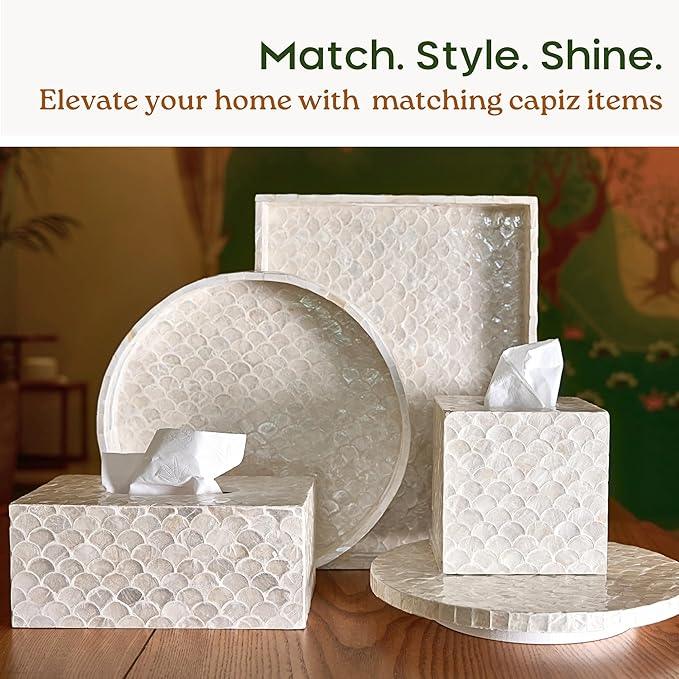 CHI AN HOME 5.8” Capiz Tissue Box Cover, Square Decorative Tissue Holder with Bottom Slider, Handmade Bathroom Accessories, Elegant White Cube for Vanity, Bedroom, Office & Coastal Décor (Natural) - ModernBath