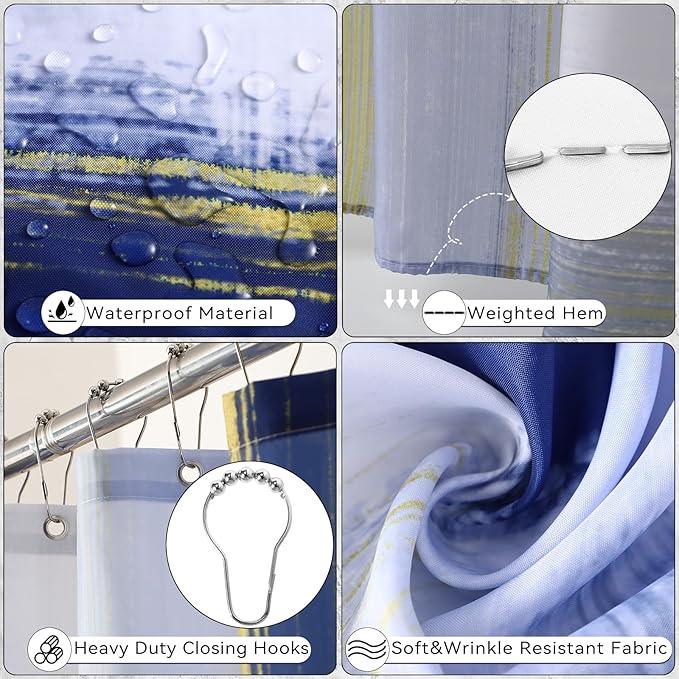 XLHOMO Blue and Gold Bathroom Accessories Set, Bathroom Sets with Shower Curtain, Blue Bathroom Accessories with Trash Can, Soap Dispenser, Soap Dish, Toilet Brush Holder, Qtip Holders for Bathroom - ModernBath