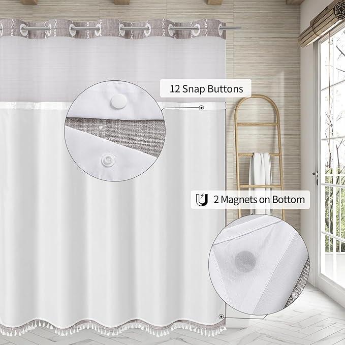 MitoVilla No Hooks Needed Farmhouse Shower Curtain with Snap-in Liner - with Window & Magnets, Boho Cotton Linen Fabric Shower Curtains with Tassels for Rustic Bathroom Decor, Grey Taupe, 72 x 74 - ModernBath