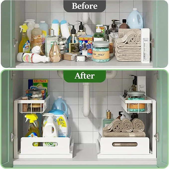 REALINN Under Sink Organizer, Pull Out Cabinet Organizer 2 Tier Slide Out Sink Shelf Cabinet Storage Shelves, Storage for Kitchen Bathroom, White, 2 Pack - ModernBath