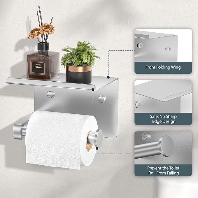 FORIOUS Toilet Paper Holder with Shelf, Adhesive or Screw Wall Mount Toilet Roll Holder for Bathroom, Rustproof 304 Stainless Steel Commercial Toilet Tissue Holder, 2 Pack Brushed Nickel - ModernBath