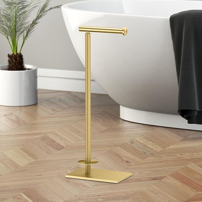 Gatco 1443B, Modern Rectangle Base Freestanding Toilet Paper Holder with Storage, 21.13”H, Brushed Brass - ModernBath