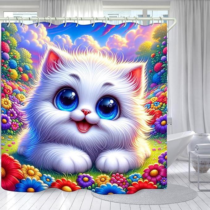 LYFANS Bathroom Using White Cat 3D Shower Curtains, Deluxe Bathtub Standard Shower Curtain, Waterproof and Bright Fabric Shower Curtain Size (72x72 Inches) - ModernBath